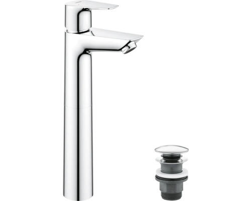 Vysoká umyvadlová baterie v chromovém provedení s pákovým ovládáním a odtokovou soupravou.