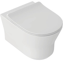 Závěsná toaleta z bílé keramiky s odpovídajícím toaletním sedátkem a víkem.