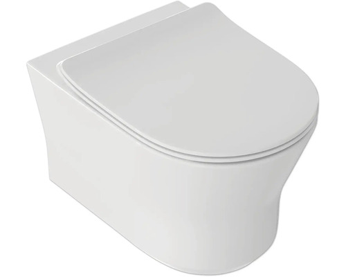 Závěsná toaleta z bílé keramiky s odpovídajícím toaletním sedátkem a víkem.