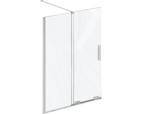 Sprchová stěna z čirého skla se dvěma prvky, madlem a stabilizační tyčí v chromovém provedení.