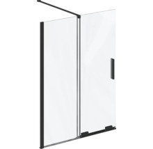 Sprchová stěna Walk-In z čirého skla s černými profily, stabilizační tyčí a madlem.