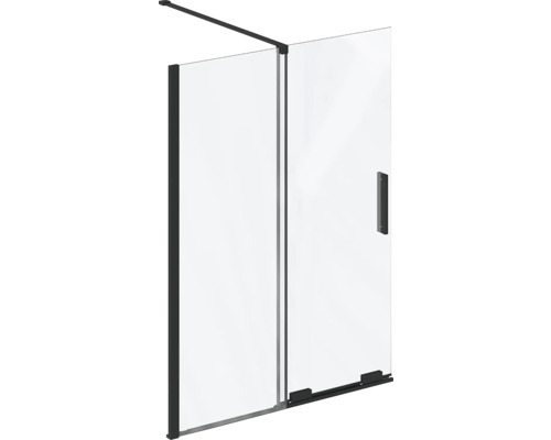 Sprchová stěna Walk-In z čirého skla s černými profily, stabilizační tyčí a madlem.