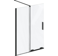 Sprchová stěna typu walk-in z čirého skla s černým profilem a stabilizační vzpěrou.