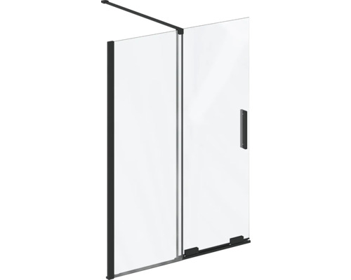 Sprchová stěna typu walk-in z čirého skla s černým profilem a stabilizační vzpěrou.