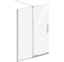 Sprchová zástěna walk-in z čirého skla s chromovanými profily, stabilizační tyčí a madlem.