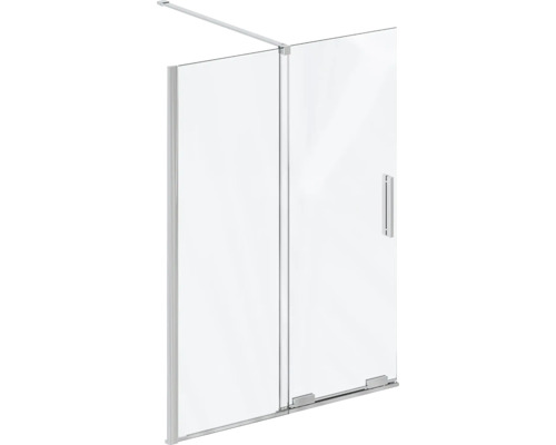 Sprchová zástěna walk-in z čirého skla s chromovanými profily, stabilizační tyčí a madlem.