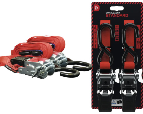 Dva upínací popruhy Quickloader s ráčnou a háky, délka 4,5 metru, šířka 25 milimetrů, nosnost 800 kilogramů.