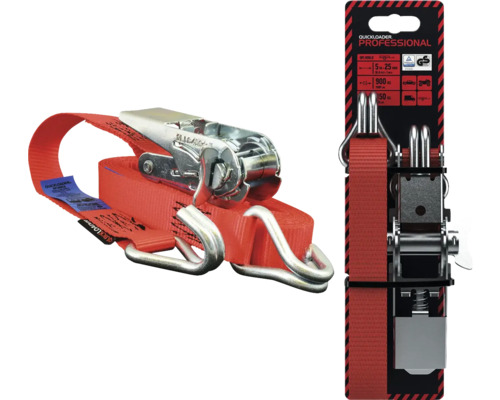 Quickloader Professional Logo. Upínací popruh s kovovou ráčnou a dvojitými háky pro zajištění nákladu s pečetí testované bezpečnosti.