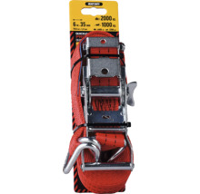 Upínací popruh s ráčnou a háky, délka 6 metrů, šířka 35 milimetrů, nosnost 2000 kilogramů, červený polyester.