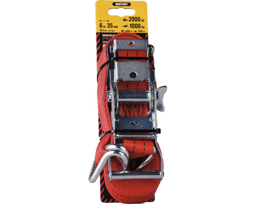 Upínací popruh s ráčnou a háky, délka 6 metrů, šířka 35 milimetrů, nosnost 2000 kilogramů, červený polyester.
