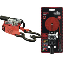 Červený upínací popruh s ráčnou Quickloader Rebel Hybrid se dvěma černými S-háky a černou rukojetí.