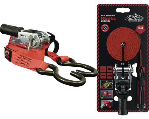 Červený upínací popruh s ráčnou Quickloader Rebel Hybrid se dvěma černými S-háky a černou rukojetí.