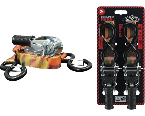 Sada 2 kusů ráčnových upínacích popruhů Quickloader Rebel, maskáčový popruh s černými háky a kovovou ráčnou.