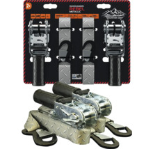 Dva ráčnové upínací popruhy Quickloader Rebel Metallic s šedým vzorovaným popruhem, délka 4,5 metru, pevnost v tahu 1200 kilogramů.