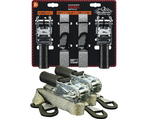 Dva ráčnové upínací popruhy Quickloader Rebel Metallic s šedým vzorovaným popruhem, délka 4,5 metru, pevnost v tahu 1200 kilogramů.