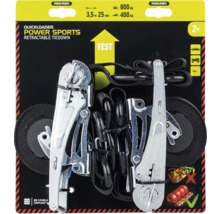 Sada dvou automatických upínacích popruhů Quickloader, ráčnový mechanismus, černé pásy, délka 3,5 metru, šířka 25 milimetrů, nosnost 800 kilogramů.