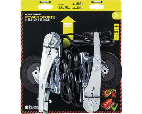 Sada dvou automatických upínacích popruhů Quickloader, ráčnový mechanismus, černé pásy, délka 3,5 metru, šířka 25 milimetrů, nosnost 800 kilogramů.