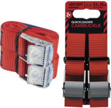 Upínací popruhy Quickloader se svorkou, balení 2 kusy, 2,5 metru krát 20 milimetrů, červené, s kovovou svorkou.