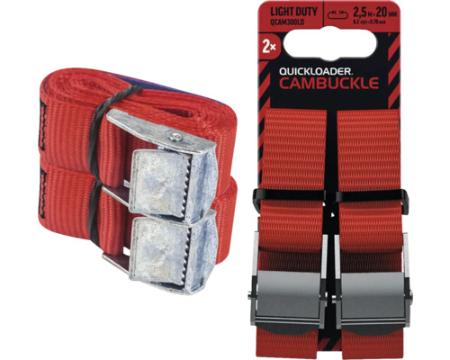 Upínací popruhy Quickloader se svorkou, balení 2 kusy, 2,5 metru krát 20 milimetrů, červené, s kovovou svorkou.