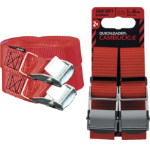 Sada 2 červených upínacích popruhů Quickloader se svěrnou přezkou, 3 metry krát 25 milimetrů, pro lehké zatížení.