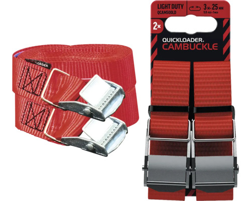 Sada 2 červených upínacích popruhů Quickloader se svěrnou přezkou, 3 metry krát 25 milimetrů, pro lehké zatížení.