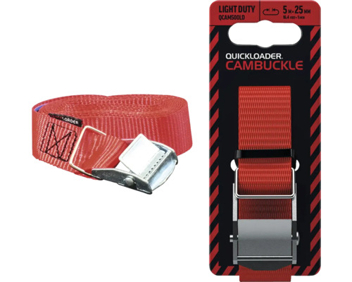 Upínací popruh Quickloader se svorkou, 5 metrů krát 25 milimetrů, pro lehké zatížení, červený, k zajištění nákladu.