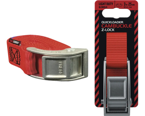 Quickloader Cambuckle Z-Lock, červený upínací popruh s kovovou sponou, 3 metry na 25 milimetrů, lehké provedení.