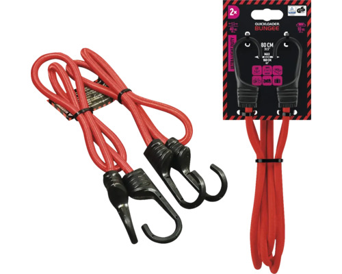 Upínací gumy Quickloader Bungee s plastovými háčky, 2 kusy, délka 80 centimetrů, maximální nosnost 40 kilogramů, odolné vůči UV záření.
