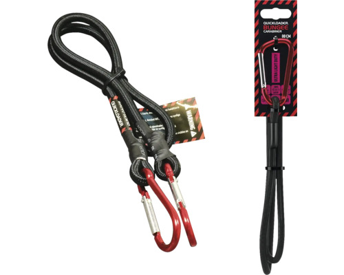 Elastické lano Quickloader z černého latexu se dvěma červenými karabinami, délka 80 centimetrů.