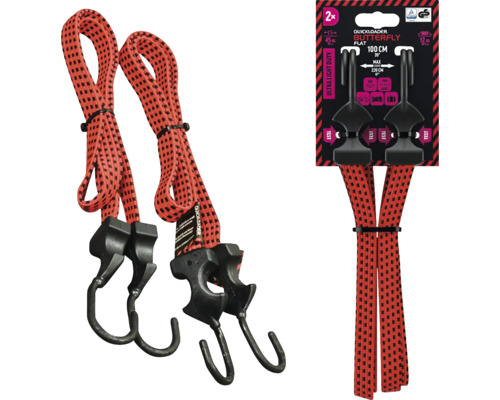 Dva ploché upínací popruhy Quickloader v červené a černé barvě s háčky, délka 100 centimetrů, balení po 2 kusech.