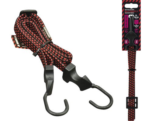 Quickloader Butterfly nastavitelný upínací gumový popruh se dvěma plastovými háky, délka 20 až 140 centimetrů, červeno-černé pružné lano pro zajištění nákladu.