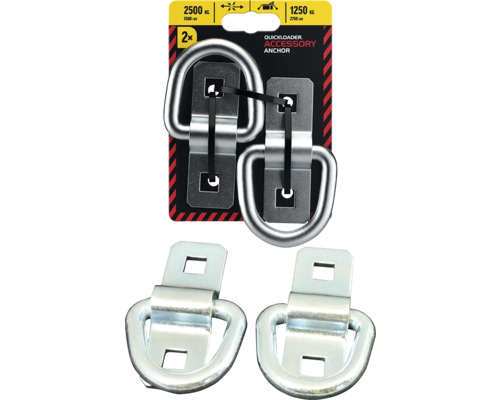Kotevní úchyty Quickloader, balení 2 kusy, kovová vázací oka ve tvaru D, nosnost až 1250 kilogramů na kus.
