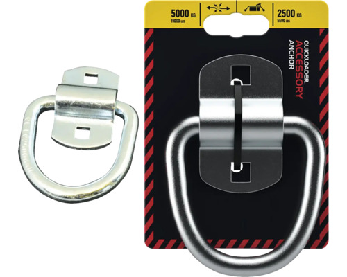 Kotva Quickloader, kovový D-kroužek pro zajištění nákladu s nosností 5000 kilogramů a 2500 kilogramů pracovního zatížení.