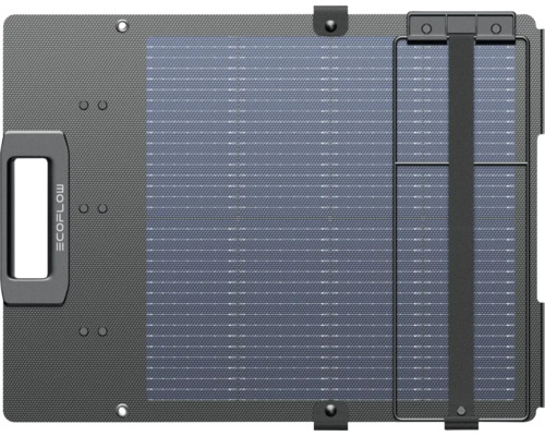 Přenosný solární panel EcoFlow ve složeném stavu s rukojetí, logem EcoFlow a strukturovaným povrchem.