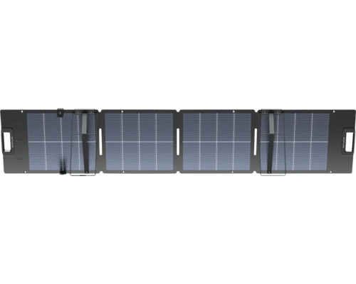 Skládací solární panel EcoFlow se čtyřmi sekcemi, integrovanými rukojeťmi a podpěrami pro přenosnou výrobu energie.