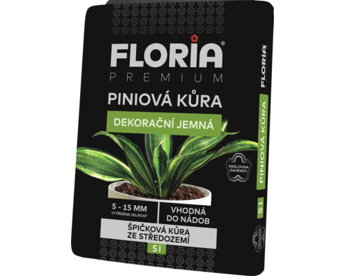 5 litrové balení Floria Premium piniové kůry, dekorační jemná, velikost 5 až 15 milimetrů, vhodná do nádob.