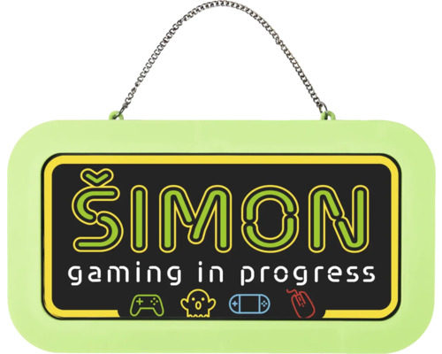 Jmenovka na dveře Šimon gaming in progress s řetízkem na zavěšení a herními symboly