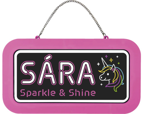 Cedulka na dveře se jménem Sára, motivem jednorožce a textem Sparkle and Shine, s kovovým řetízkem.