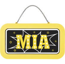 Jmenovka na dveře Mia s hvězdami a kovovým řetízkem na zavěšení do dětského pokoje.