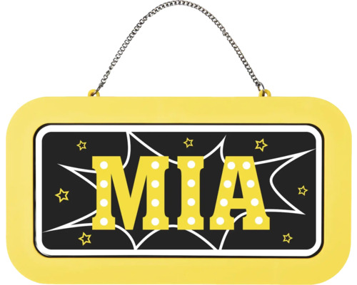 Jmenovka na dveře Mia s hvězdami a kovovým řetízkem na zavěšení do dětského pokoje.