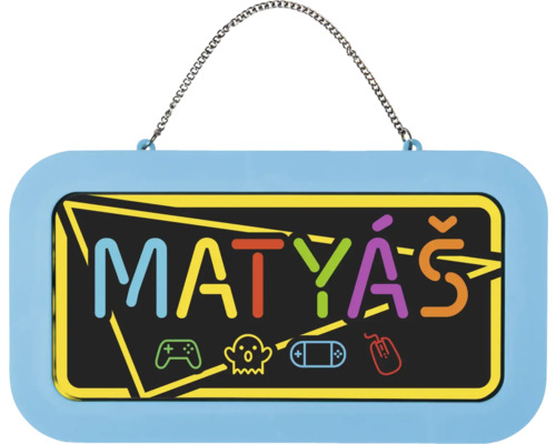 Jmenovka na dveře Matyáš s herními symboly jako ovladač a myš, k zavěšení na řetízek.