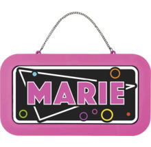 Cedulka na dveře se jménem Marie, růžový rám, kovový řetízek na zavěšení.