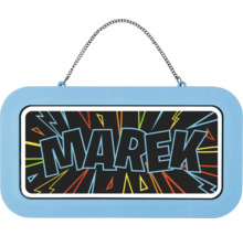 Modrá cedulka na dveře Marek s kovovým řetízkem a barevným grafickým designem s blesky