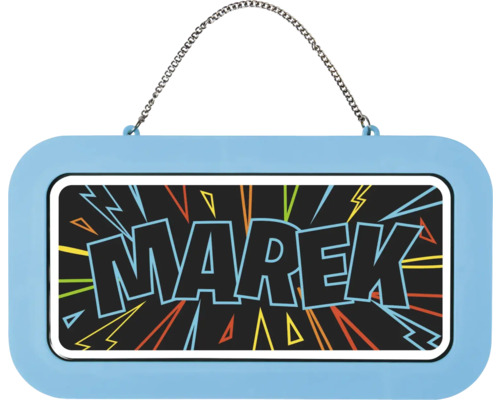 Modrá cedulka na dveře Marek s kovovým řetízkem a barevným grafickým designem s blesky