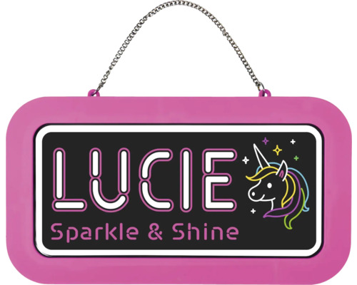 Tabulka na dveře s řetízkem na zavěšení, jméno Lucie, motiv jednorožce a nápis Sparkle a Shine