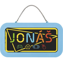 Herní cedulka na dveře do dětského pokoje se jménem Jonáš a ikonami jako ovladač a herní konzole.