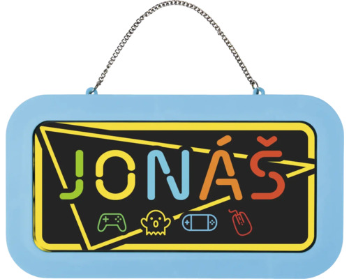 Herní cedulka na dveře do dětského pokoje se jménem Jonáš a ikonami jako ovladač a herní konzole.