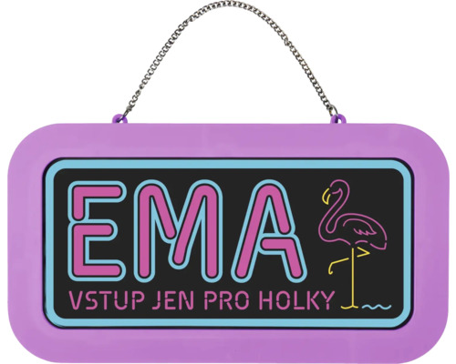 Dveřní cedule Ema s nápisem Vstup jen pro holky, motivem plameňáka, neonovým vzhledem a kovovým řetízkem.
