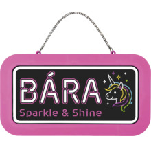 Dekorativní jmenovka na dveře k zavěšení s řetízkem, nápis BÁRA, Sparkle a Shine a motiv jednorožce.