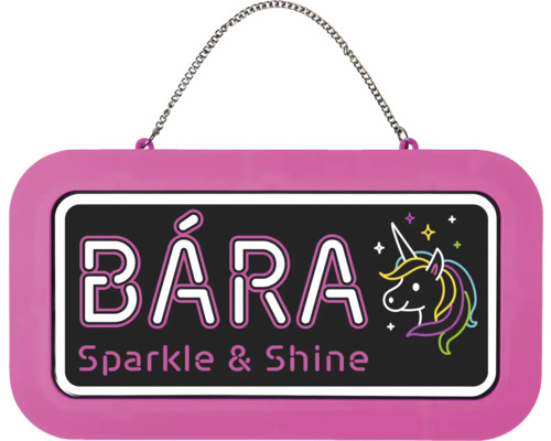 Dekorativní jmenovka na dveře k zavěšení s řetízkem, nápis BÁRA, Sparkle a Shine a motiv jednorožce.